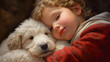 Portray a cozy scene of a fluffy puppy cuddled with a child, sharing the delightful companionship that only a dog can provide.