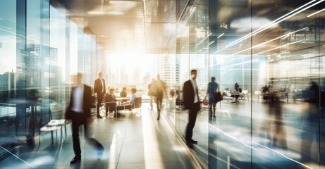 hustle and bustle of corporate professionals in a modern office space, visualized with long-exposure