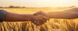 Two Farmers Share Symbolic Handshake In Wheat Field