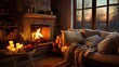 © Malika - Warm lighting illuminates a cozy interior, complete with soft blankets and a glowing fireplace