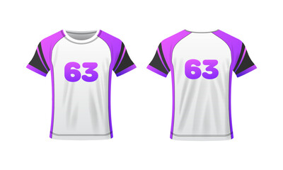 Wall Mural - T-shirt mockup. Flat, purple-white, number 63, T-shirt layout, T-shirt mockup with numbers. Vector icons