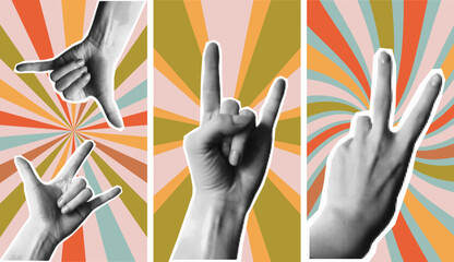 A set of posters with retro backgrounds, wavy lines. Set of halftone collage stickers with hands. Punk, rock, cool doodle elements. Retro style, vintage, 80s. Retro halftone template for banner,poster