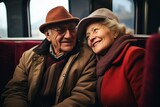 Portrait of smiling eldery couple traveling by train together. 