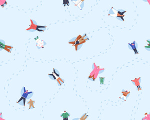 Poster - Happy winter holiday pattern. People making snow angels, funny endless background. Seamless repeating print design for textile, fabric, wrapping. Repeatable printable flat graphic vector illustration