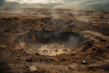 a large crater surrounded with barren land and rock