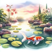 Watercolor Serene Koi Fish Pond With Lily Pads