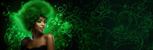 Banner Celebration St Patricks Day Girl, Beauty African American Young Woman In Green Dress And Green Hat Free Space.