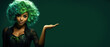 banner celebration St Patricks day Girl, beauty African American young woman in green dress and green hair wig pointing hand free space