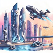 The Watercolor Futuristic Scene With Skyscrapers, Hovercrafts And Robots