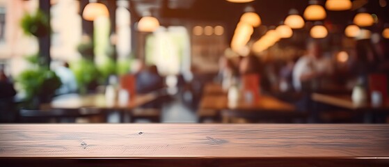 Wall Mural - Cozy coffee shop ambience. Blurred interior. Retro restaurant vibes. Vintage empty wooden table background. Abstract business setup. Blurry wood and top lighting