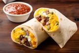 Fototapeta Tulipany - Breakfast burrito with sausage, eggs, hashbrown and cheese. AI Generated