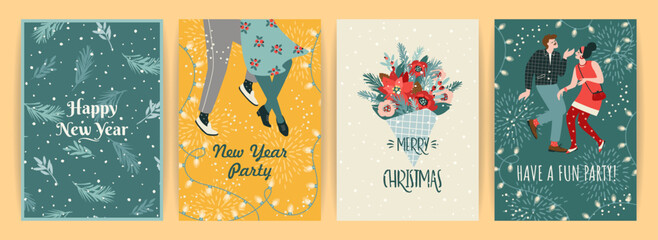 Wall Mural - Christmas and Happy New Year illustration for cards and other use. Trendy retro style. Vector designs