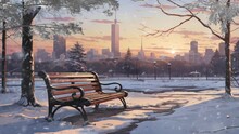 Winter Scenery. Winter Park. Benches In A City Park With Beautiful Winter View. Snowing. Nature Scene In Sunset. Cartoon Or Anime Illustration Video Style Background