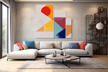 Wall Mural - Suprematism style interior design of modern living room with abstract geometric colorful shapes.