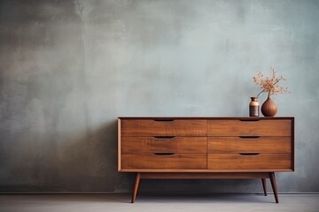 Retro wooden dresser against concrete wall. Vintage home interior design of modern living room.