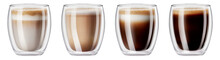 Coffee, Cappuccino And Latte In Transparent Glasses With A Double Bottom On A Transparent Background