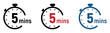 5 minutes timer, stopwatch or countdown vector icons