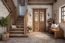 Entryway With Rustic Staircase. Farmhouse Interior Design Of Modern Entrance Hall With Door.