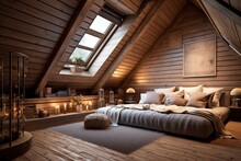 Cozy Attic With Wooden Lining Wall. Interior Design Of Modern