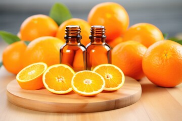 flattened oranges with a center placement of a vitamin c bottle