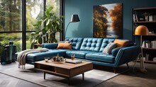 A Modern Living Room Interior Design With A Blue Corner Sofa, Coffee Tables, And A Floor Lamp Creates A Cozy Atmosphere For Relaxation It Adds To The Appeal Of The Home Interior