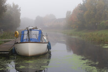 House Barges On The Forth And Clyde Canal In Scotland On A Cold And Misty Winters Morning 