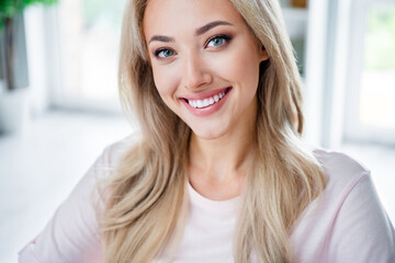 Sticker - Photo portrait of lovely young lady toothy smile charming employee working modern workplace room home design dressed white t-shirt