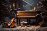 Winter colors and music, green tree, snow covered ground, outdoor violin and piano.