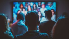 People Crowd Watching TV. TV Addiction, Propaganda And Fake News Concept.