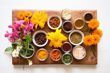 Poster - an array of ayurvedic flowers on a light colored table