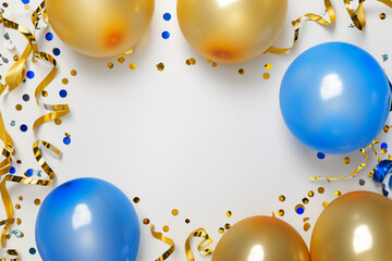 Holiday background with golden and blue metallic balloons, confetti and ribbons. Festive card for birthday party, anniversary, new year, christmas or other events. Created with generative Ai