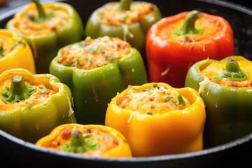 Poster - close-up angle of a pan filled with stuffed bell peppers