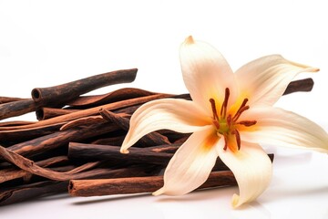 Dried aromatic vanilla sticks. Natural aroma sweet dessert ingredient. Generate ai