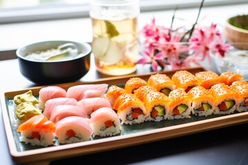 Sticker - a tray of sushi next to a small bowl of pickled ginger