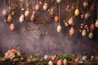 Easter-themed background with hanging wooden eggs on a floral garland. Generative AI