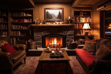 Wall Mural - cozy fireplace in a wood-panelled den