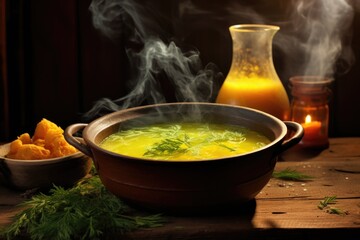 Sticker - steaming bowl of squash soup on a wooden table