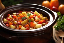 A Hearty Vegetable Soup Cooked In A Crock Pot