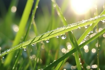 Wall Mural - dew drops on a blade of grass in the morning