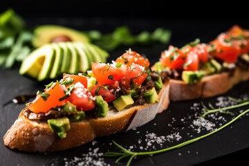 Poster - close shot of vegan bruschetta with avocado and sea salt flakes