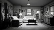 Classic 1950s American living room in black and white