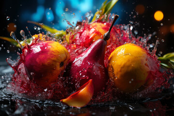 Wall Mural - Explosion of taste, pear on a black background in a splash of juice, refreshing juicy fruit concept