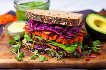 Canvas Print - overhead shot of vegan sandwich with colorful veggies