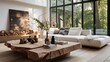 A rustic live edge tree stump accent coffee table is placed near a white corner sofa, defining the Scandinavian home interior design of the modern living room