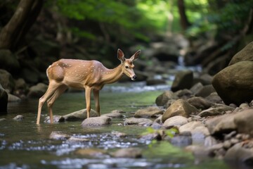 Wall Mural - a deer drinking from a tranquil mountain stream