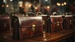 Showcase of Classic Leather Brown Briefcases in Haberdashery Store