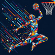 Illustration of a basketball player dunking on the loop, colourful abstract art
