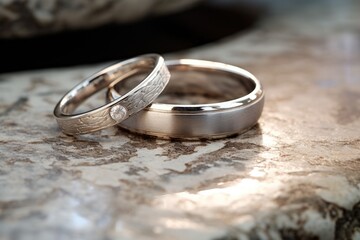 close-up shot of platinum wedding bands on a polished marble stone