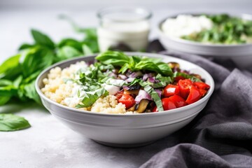 Wall Mural - simple burrito bowl with couscous and fresh green herbs