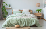 Fototapeta  - interior bedroom with pillows , Scandinavian style interior design of modern bedroom. Bed with pastel green bedding end bedside tables.
